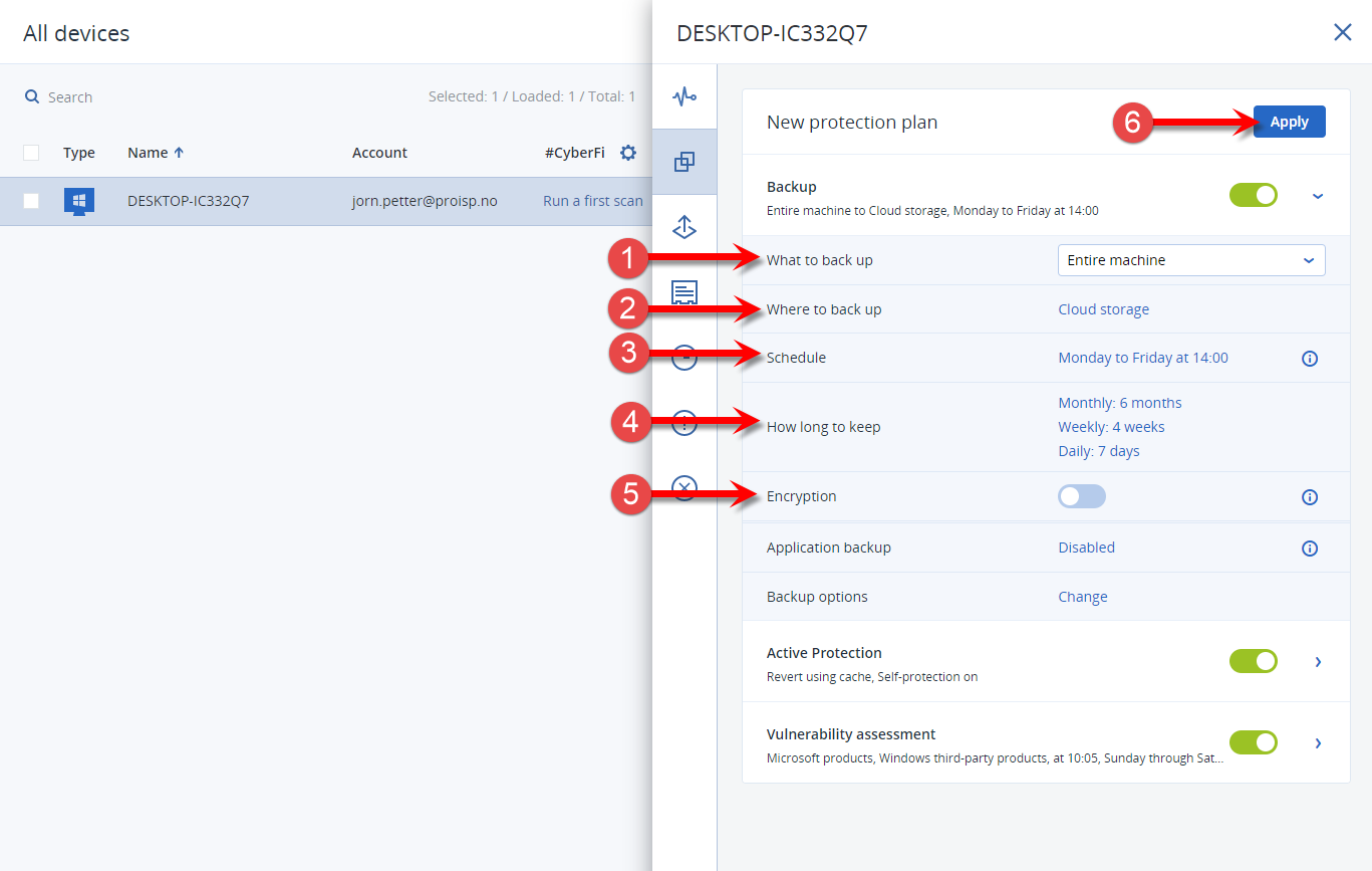 Walkthrough of the settings for a backup plan in Acronis Cyber Cloud